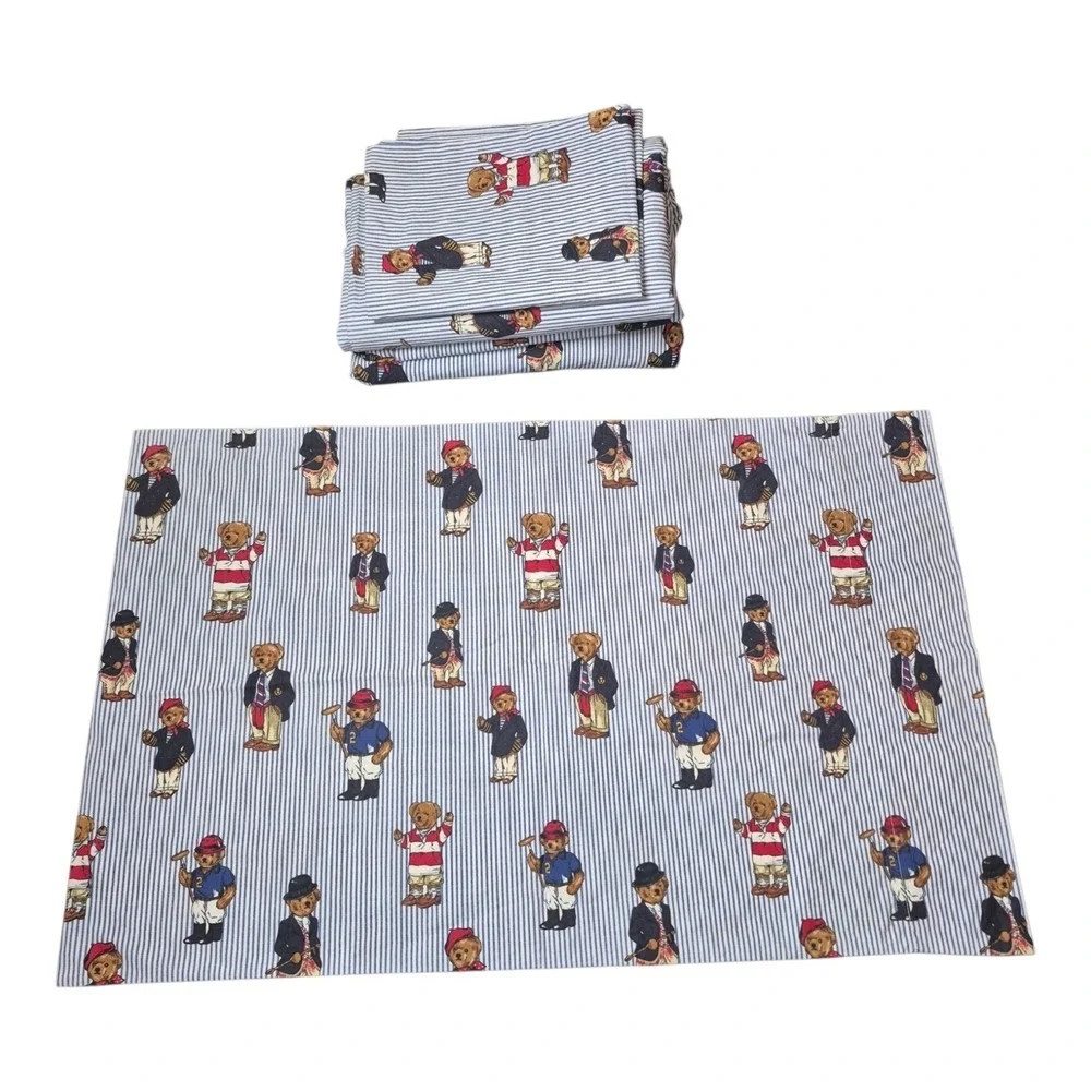 Lauren Ralph Lauren Polo Bear Full Sheet Set 4 Pc Blue Stripe Y2K Preppy Cotton
